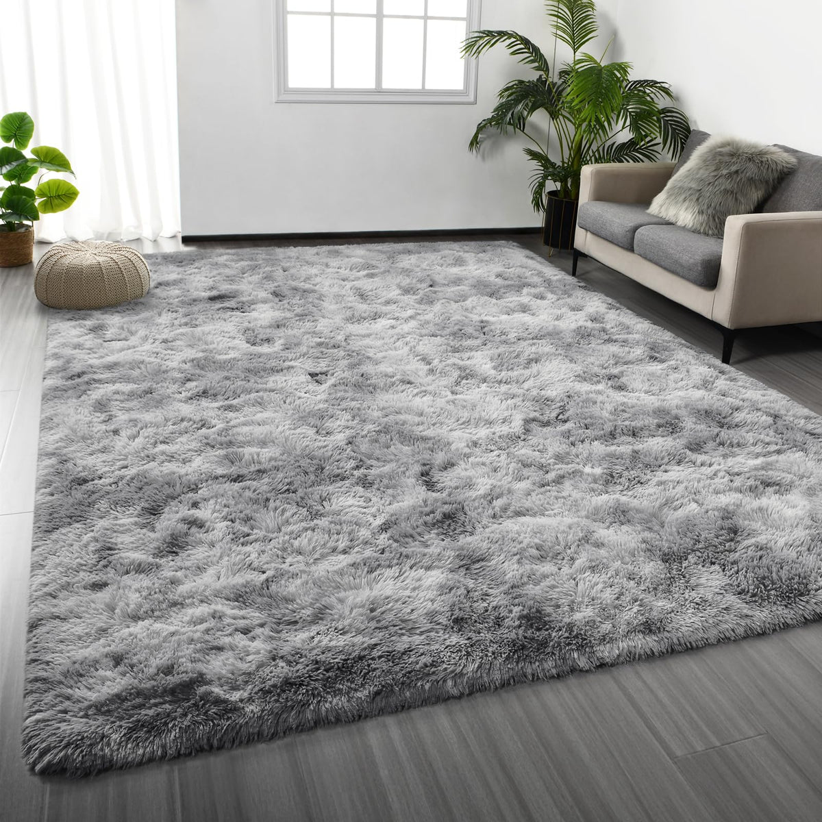 Deerhoo Large Shag Area Rugs 6 x 9, Tie-Dyed Plush Fuzzy Rugs, Dark Grey