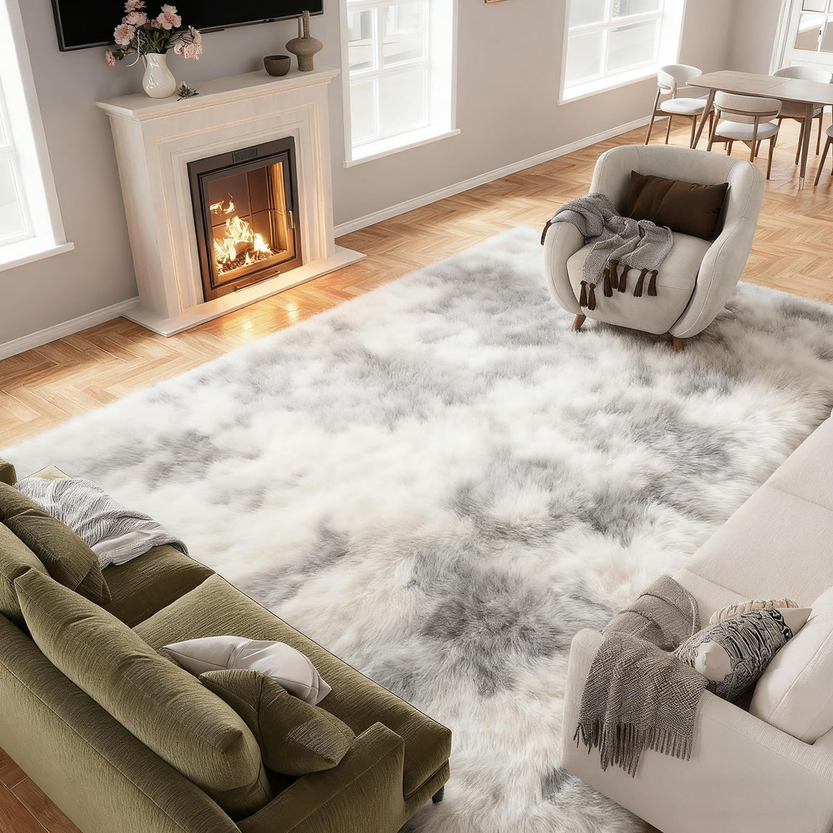 9x12 Large Shaggy Non-Slip Tie-Dyed Area Rugs for Living Room Grey