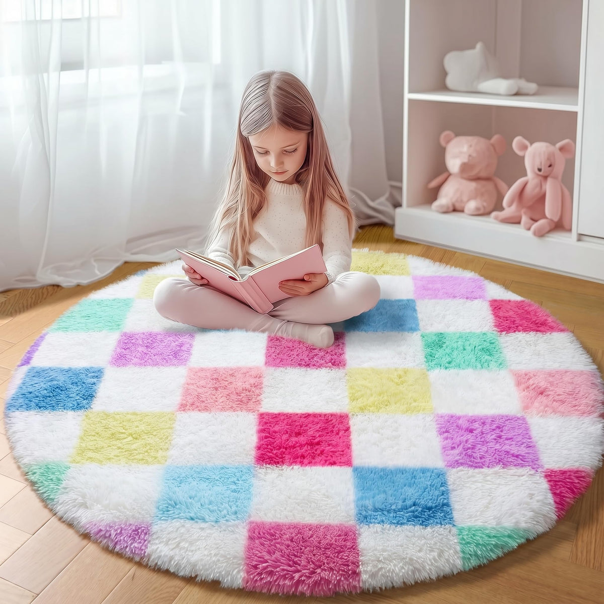 KICMOR Area Rugs 8x10 for Living Room, Large Fluffy Beige and Cream White Checkered Rug Big Fuzzy Shag Shaggy Carpets for Bedroom, Soft Plush Furry Rug for Boy Girls Room Dorm Home Decor Aesthetic