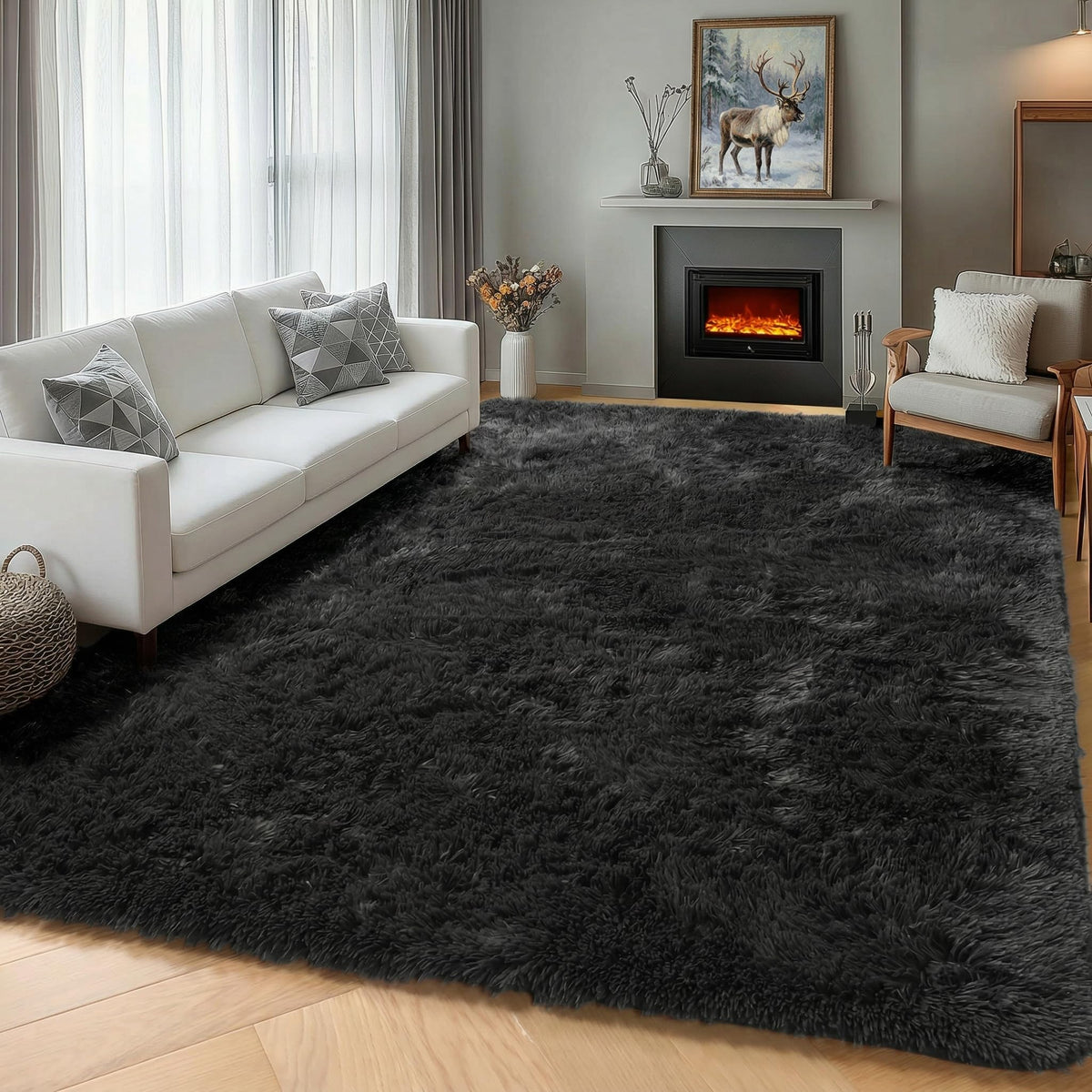 Area Rugs for Living Room Bedroom, 5x8 Fluffy Tie-Dyed Light Grey Shag Rug