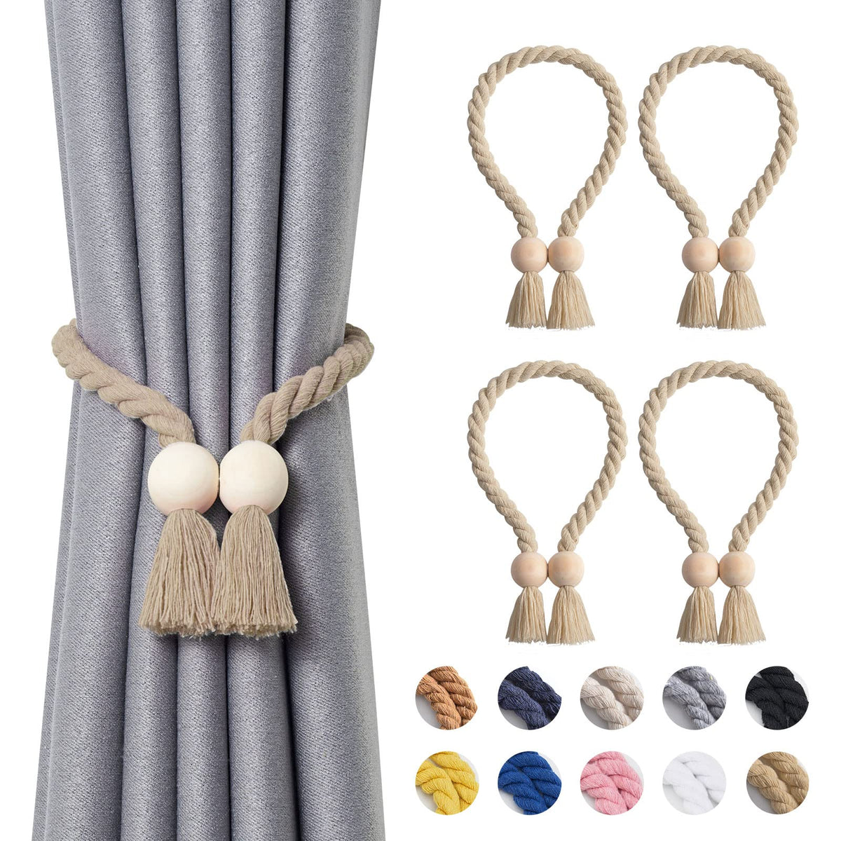 NICEEC 2 Pack Wooden Ball Magnetic Curtain Tiebacks Boho Home Decor Drape Tie Backs Natural Cotton Hand Woven Rope Curtain Holdbacks for Thin & Thick Home & Office Window Draperies (Beige)