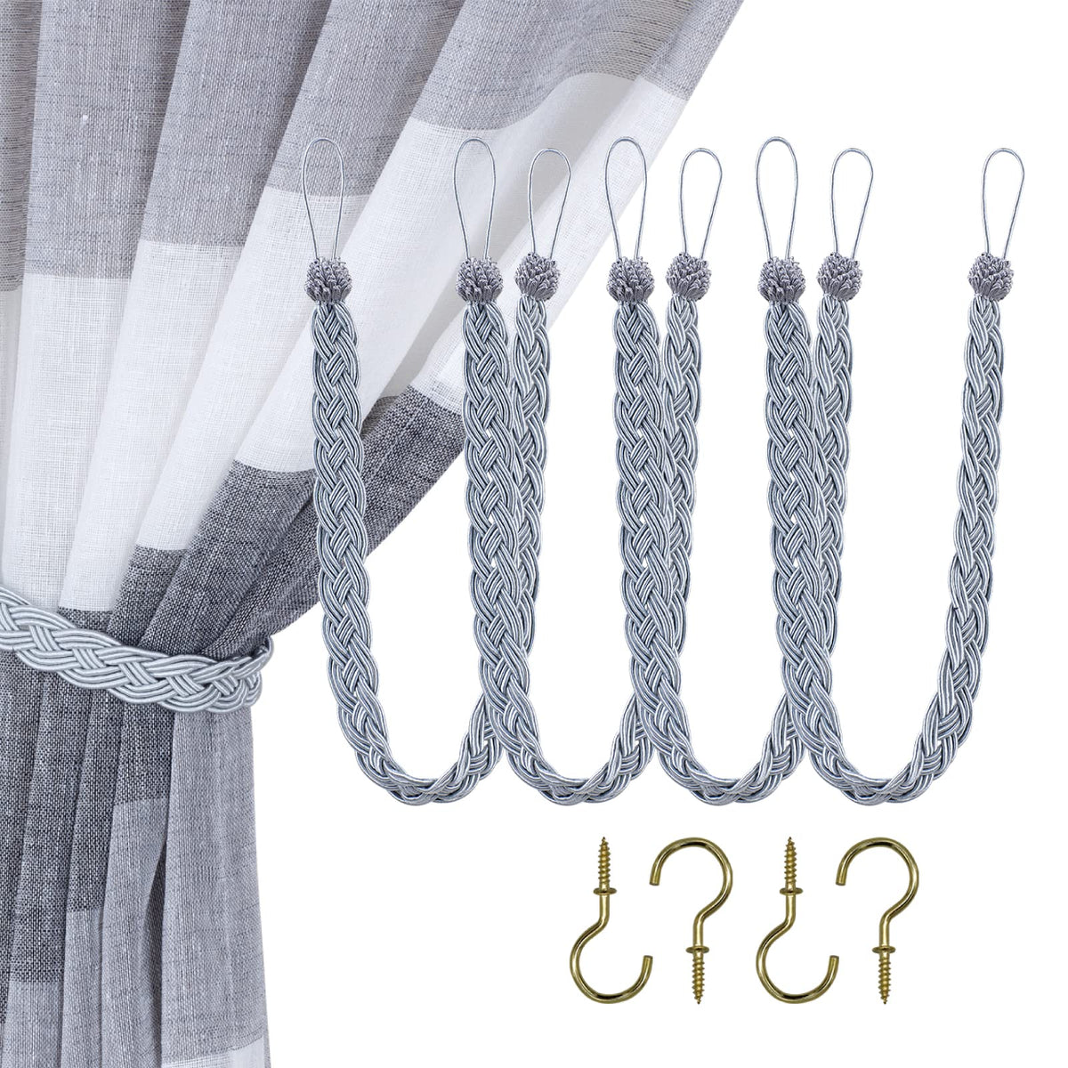Home Queen Handwoven Rope Curtain Tiebacks for Drapes, 2 Pack Rope Holdbacks with Hooks, 23 Inch Long Polyester and Cotton Braided Tie Backs for Thick and Sheer Curtains,Navy and Silver