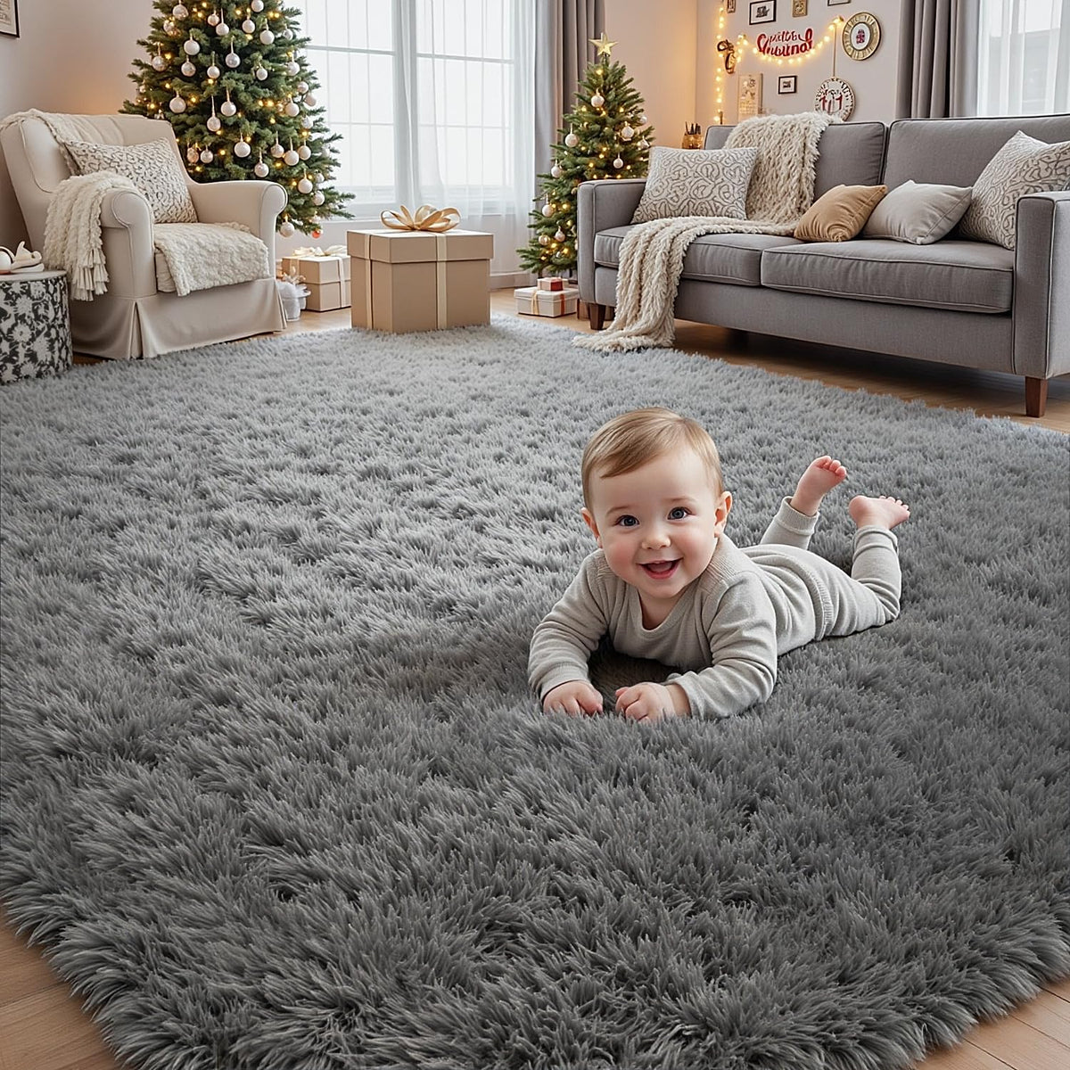 8x10 Fluffy Shag Area Rugs for Living Room Bedroom: Soft Carpet Gray Camel