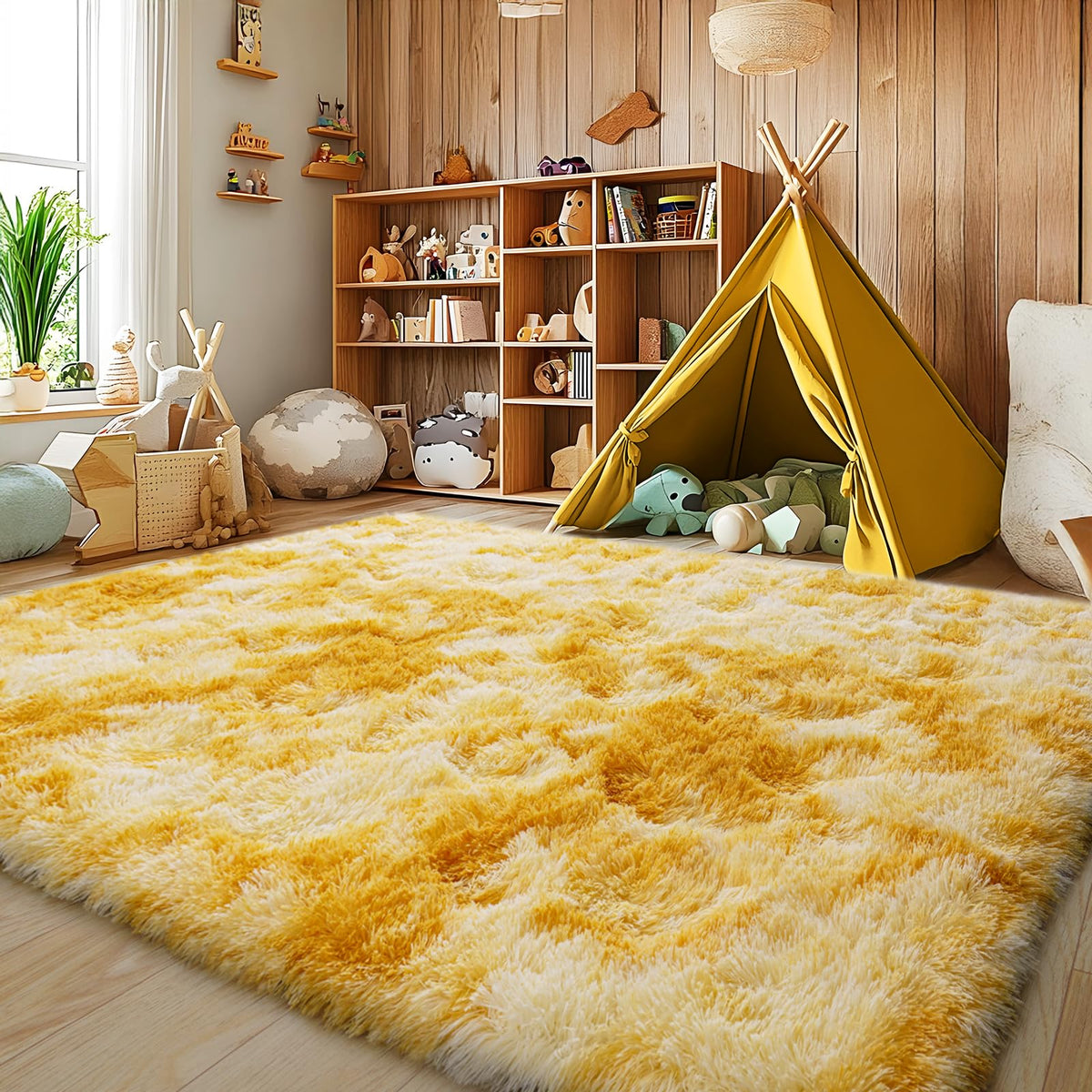 Large 8x10 Area Rugs for Living Room, Tie-Dyed Yellow Soft Shag Rug