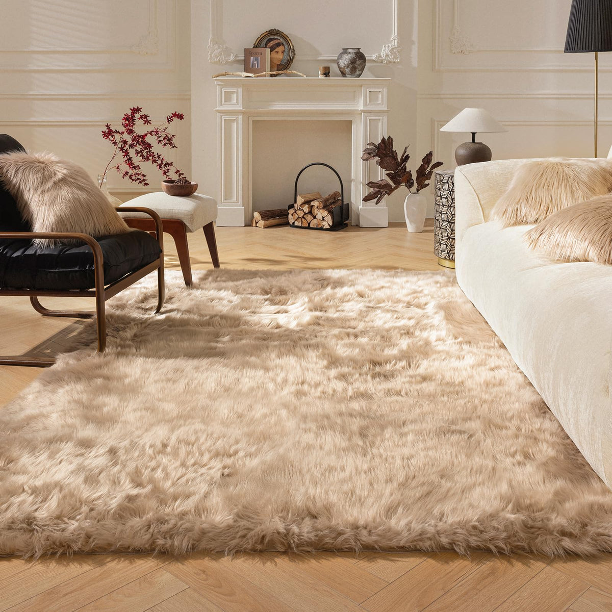 Ashler Faux Fur Rug, White, 2 x 6 Ft, Machine Washable