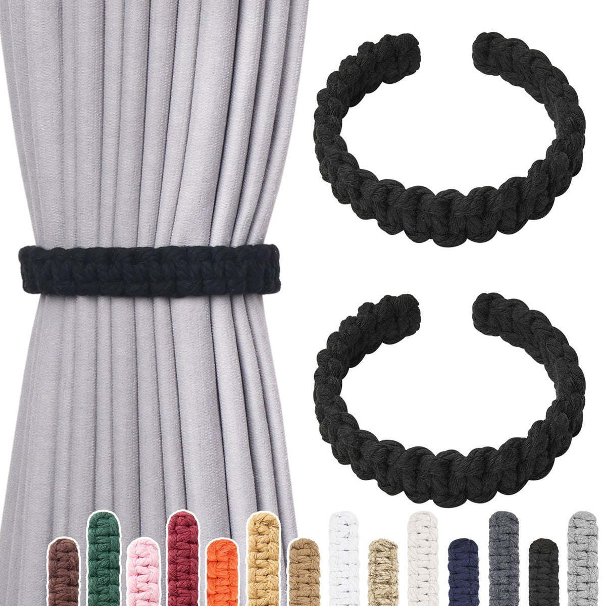 NICEEC 2 Pack Natural Cotton Rope Curtain Tiebacks Farmhouse Rustic Style Decorative Drape Tie Backs Handmade Braided Curtain Holdbacks for Home & Office Sheer/Light Weight Drapery (C-White-S)