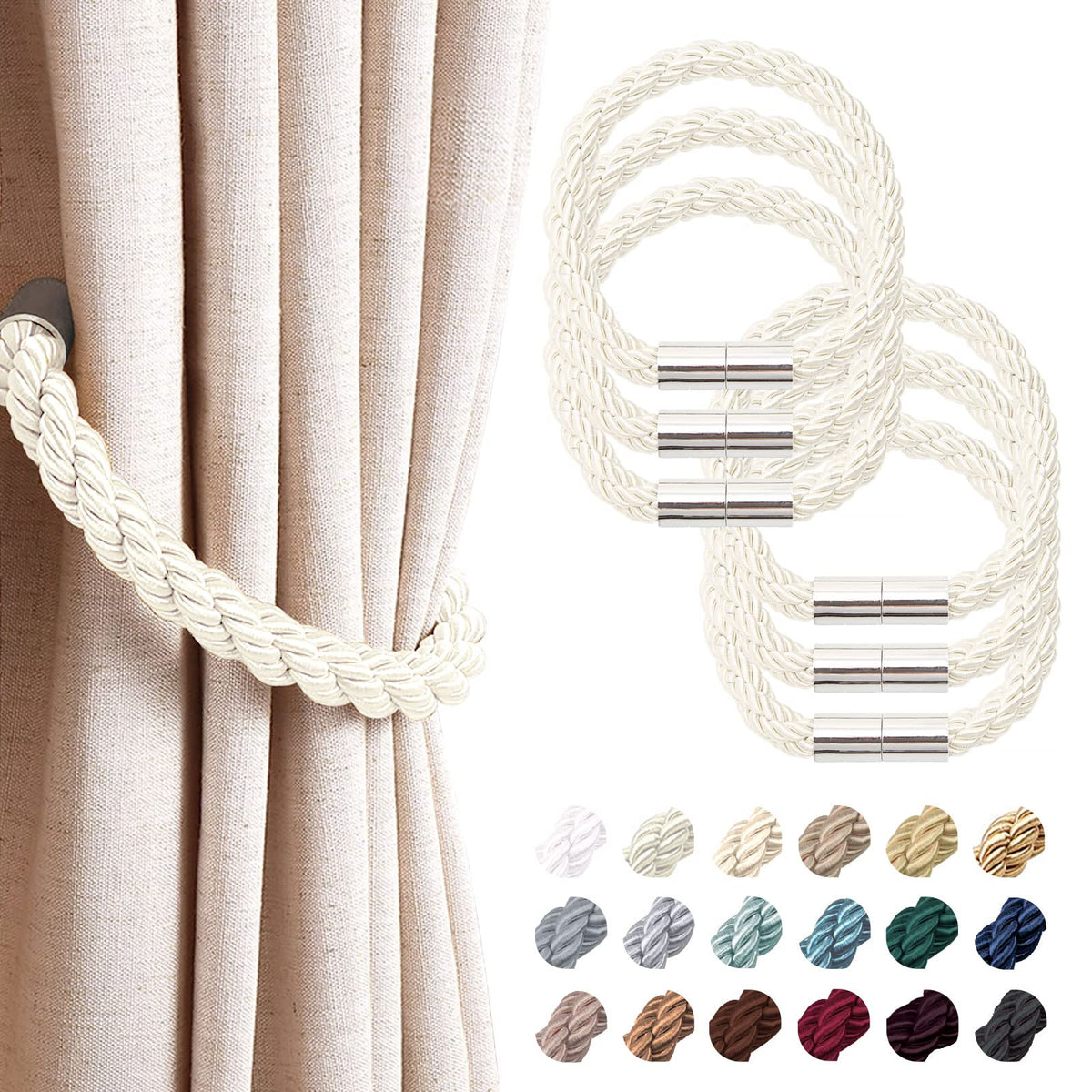 NICEEC 2 Pack Strong Magnetic Curtain Tiebacks Modern Simple Style Drape Tie Backs Convenient Decorative Weave Rope Curtain Holdbacks for Thin or Thick Home & Office Window Draperies (Beige)