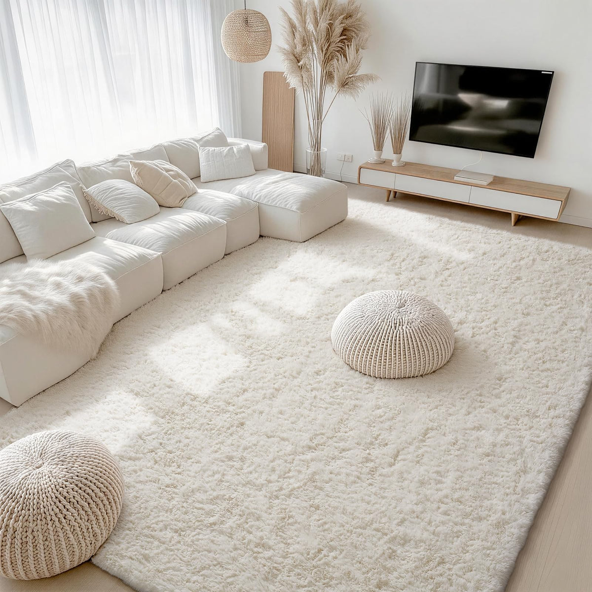 Ophanie 8x10 Area Rugs for Living Room, Washable Non-Slip Fluffy Soft Large Shag Bedroom Carpet, Ivory Big Indoor Nursery Rug, Carpets for Boy and Girls Room Dorm Decor with Over 99 pcs Pile fibers