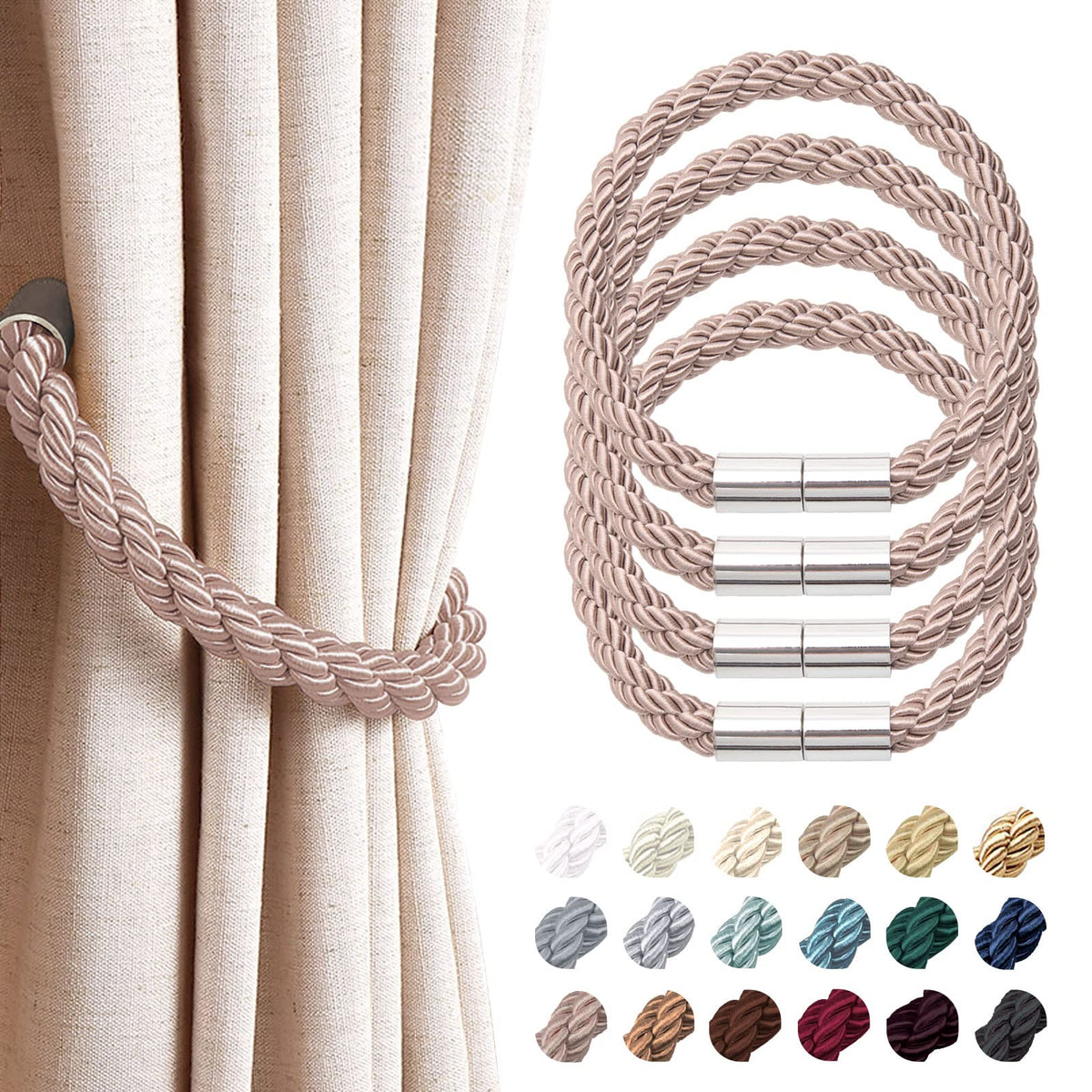 NICEEC 2 Pack Strong Magnetic Curtain Tiebacks Modern Simple Style Drape Tie Backs Convenient Decorative Weave Rope Curtain Holdbacks for Thin or Thick Home & Office Window Draperies (Beige)