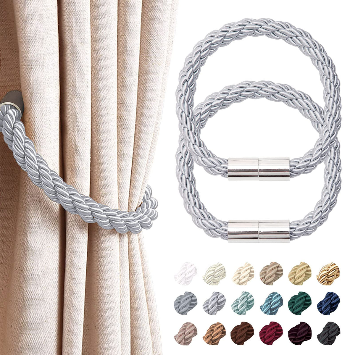 NICEEC 2 Pack Strong Magnetic Curtain Tiebacks Modern Simple Style Drape Tie Backs Convenient Decorative Weave Rope Curtain Holdbacks for Thin or Thick Home & Office Window Draperies (Beige)