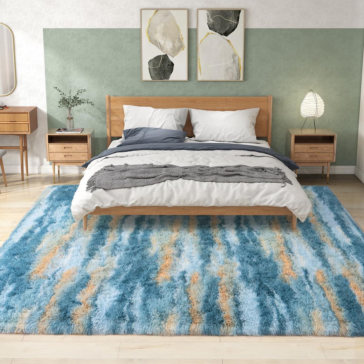 9x12 Large Shag Rugs for Living Room, Washable Abstract Blue Yellow