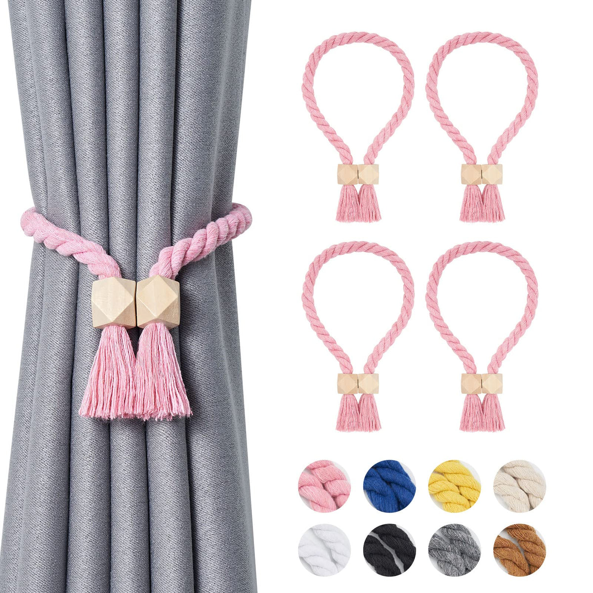 NICEEC 2 Pack Wooden Ball Magnetic Curtain Tiebacks Boho Home Decor Drape Tie Backs Natural Cotton Hand Woven Rope Curtain Holdbacks for Thin & Thick Home & Office Window Draperies (Beige)