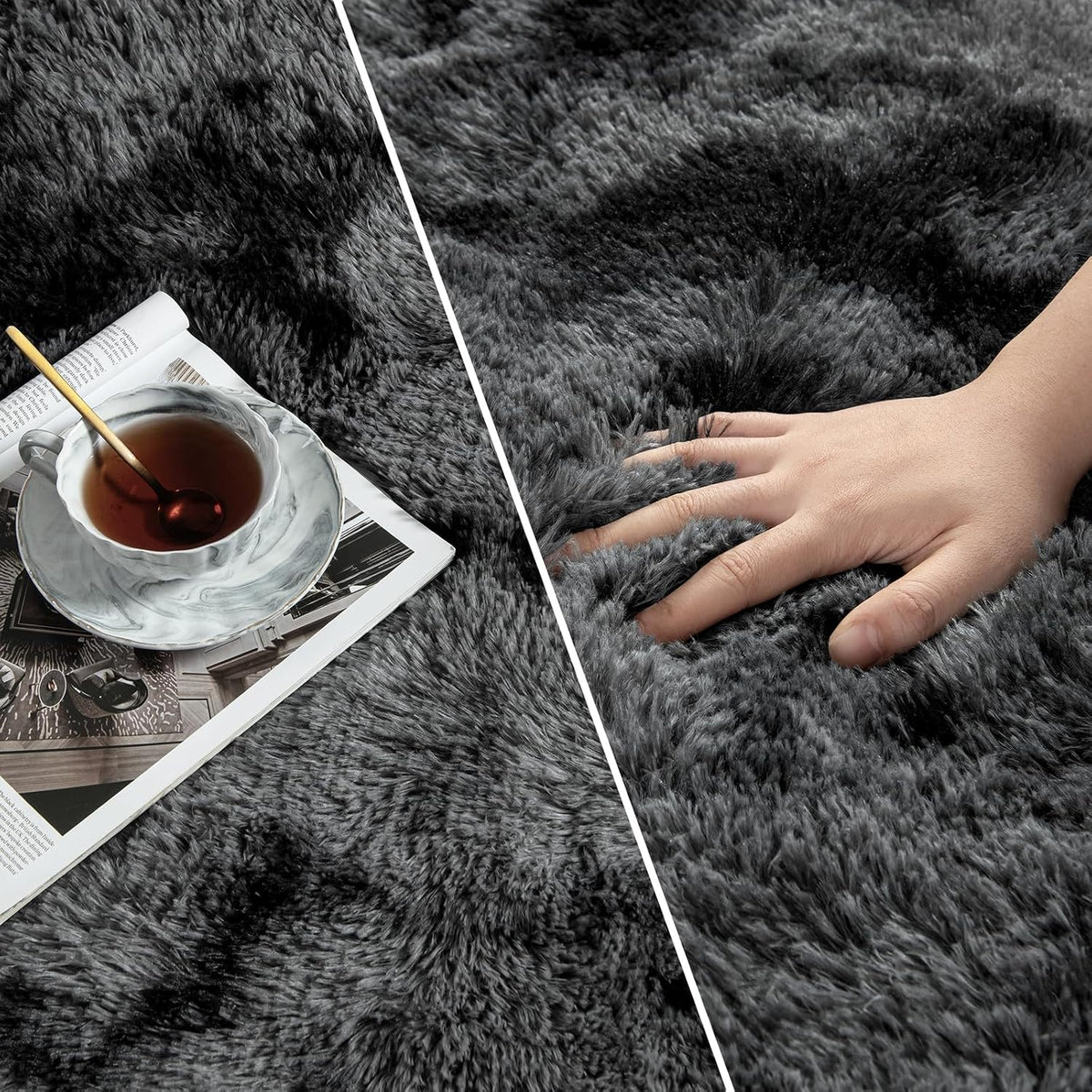 Deerhoo Large Shag Area Rugs 6 x 9, Tie-Dyed Plush Fuzzy Rugs, Dark Grey