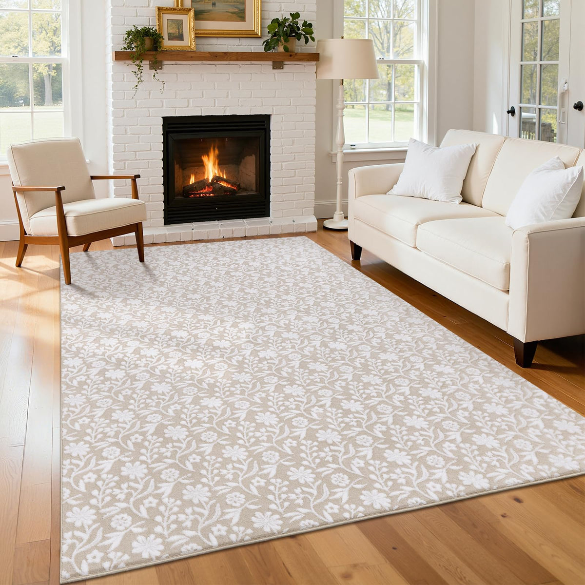 Vaukki 8x10 Area Rug for Living Room, Beige Throw Carpet for Bedroom