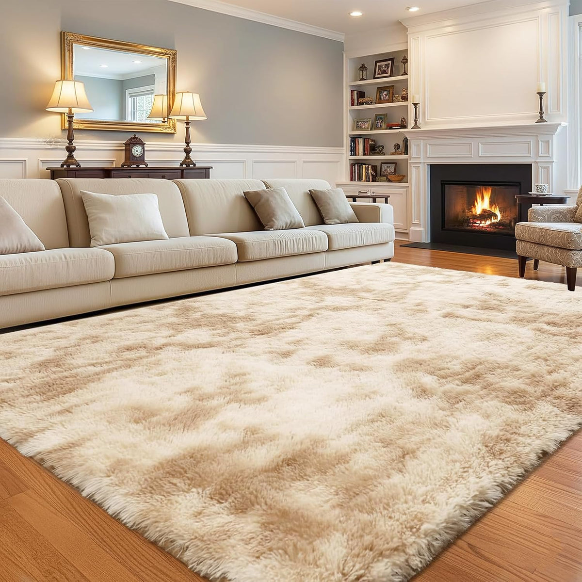 8x10 ft Area Rugs for Living Room Bedroom, Beige Tie-dye Non-Slip Soft Fluffy Shag Carpet, Large Bedside Indoor Floor Area Rug for Kids Girls and Boys, Dorms, Nursery Rooms, Home Decor Aesthetic