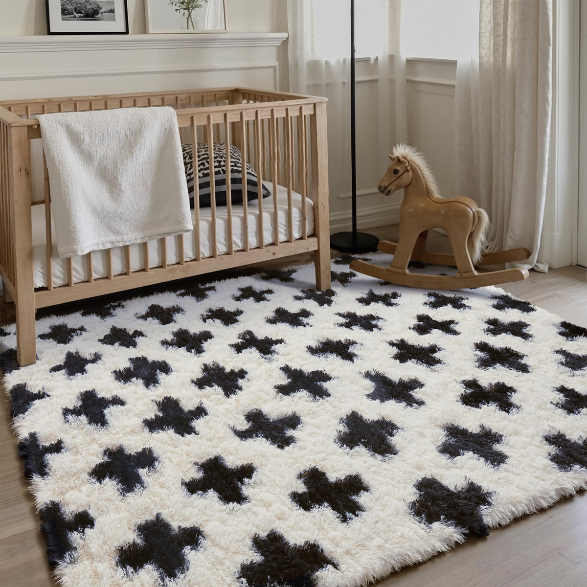 PureCozy Beige 8x10 Area Rug for Living Room Soft Checkered Shag Carpet