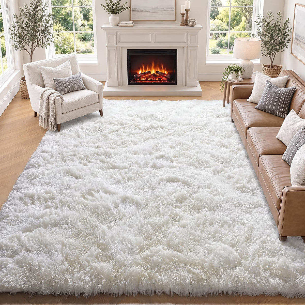 Area Rugs for Living Room Bedroom, 5x8 Fluffy Tie-Dyed Light Grey Shag Rug
