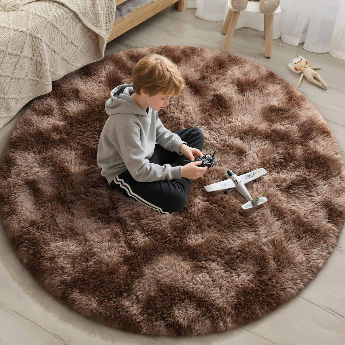 EVOIONOS Area Rug for Bedroom Living Room, Machine Washable 5x7 Fluffy Shag Rug, Soft Plush Non Slip Carpet for Indoor Floor Bedside Nursery Kids Girls Room Dorm, Home Decor Aesthetic, ‌Tie-Dye Camel