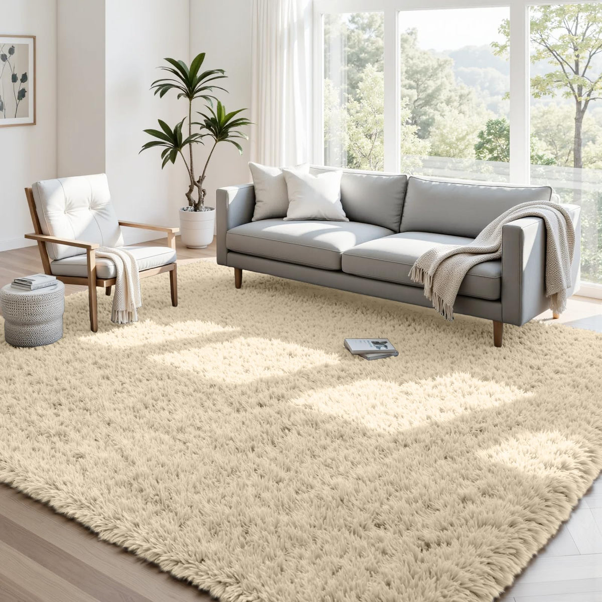 8x10 Fluffy Shag Area Rugs for Living Room Bedroom: Soft Carpet Gray Camel