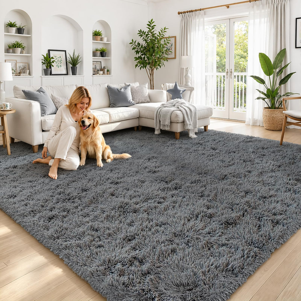 8x10 Area Rugs for Living Room,Cream Large Shaggy Carpet Plush Furry Rug