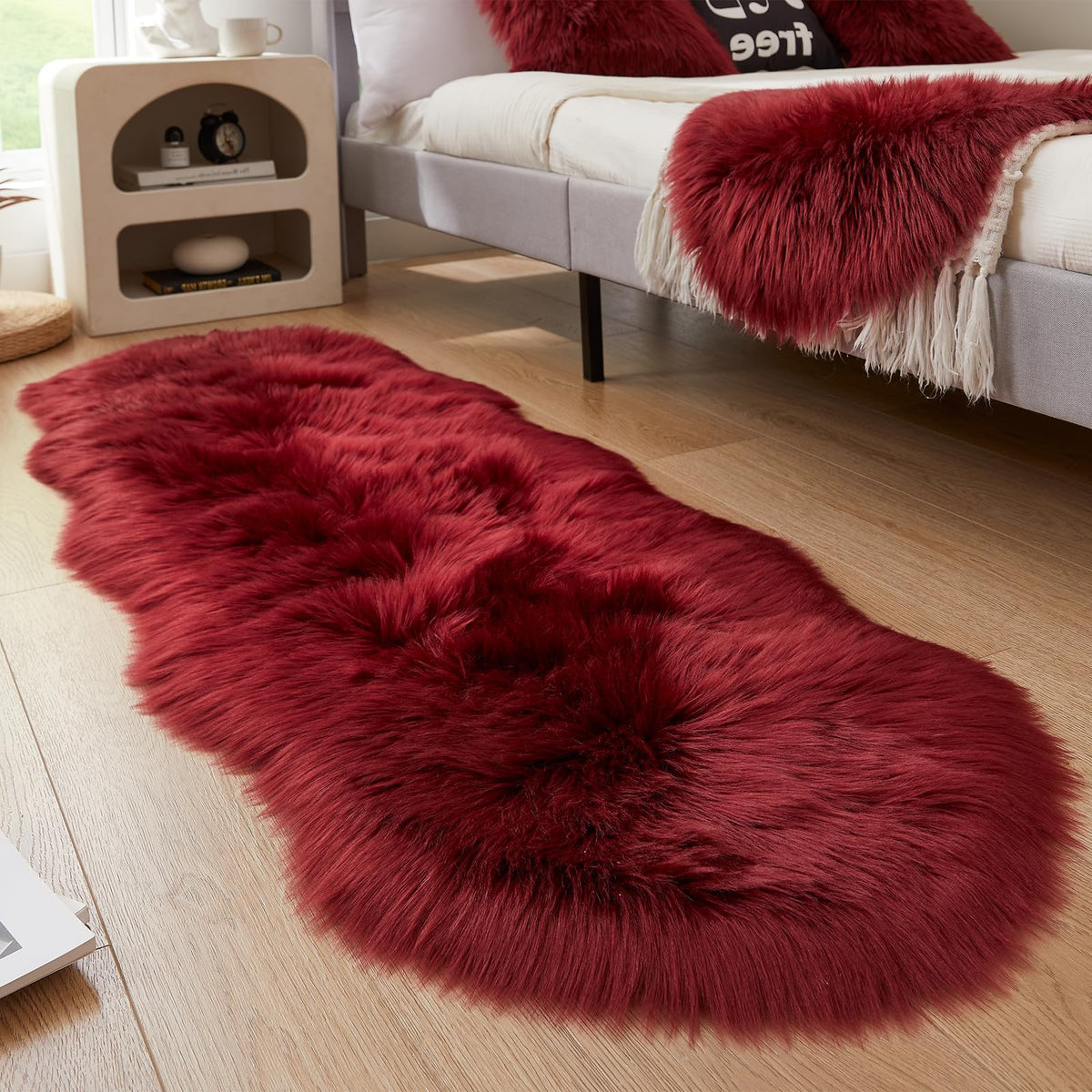 AMTOVO Faux Sheepskin Rug, Beige Ultra Soft Fluffy Shag Area Rug, 2 x 6 ft Faux Fur Rug for Bedroom Sofa Throw Cushion Room Decor, Sheepskin