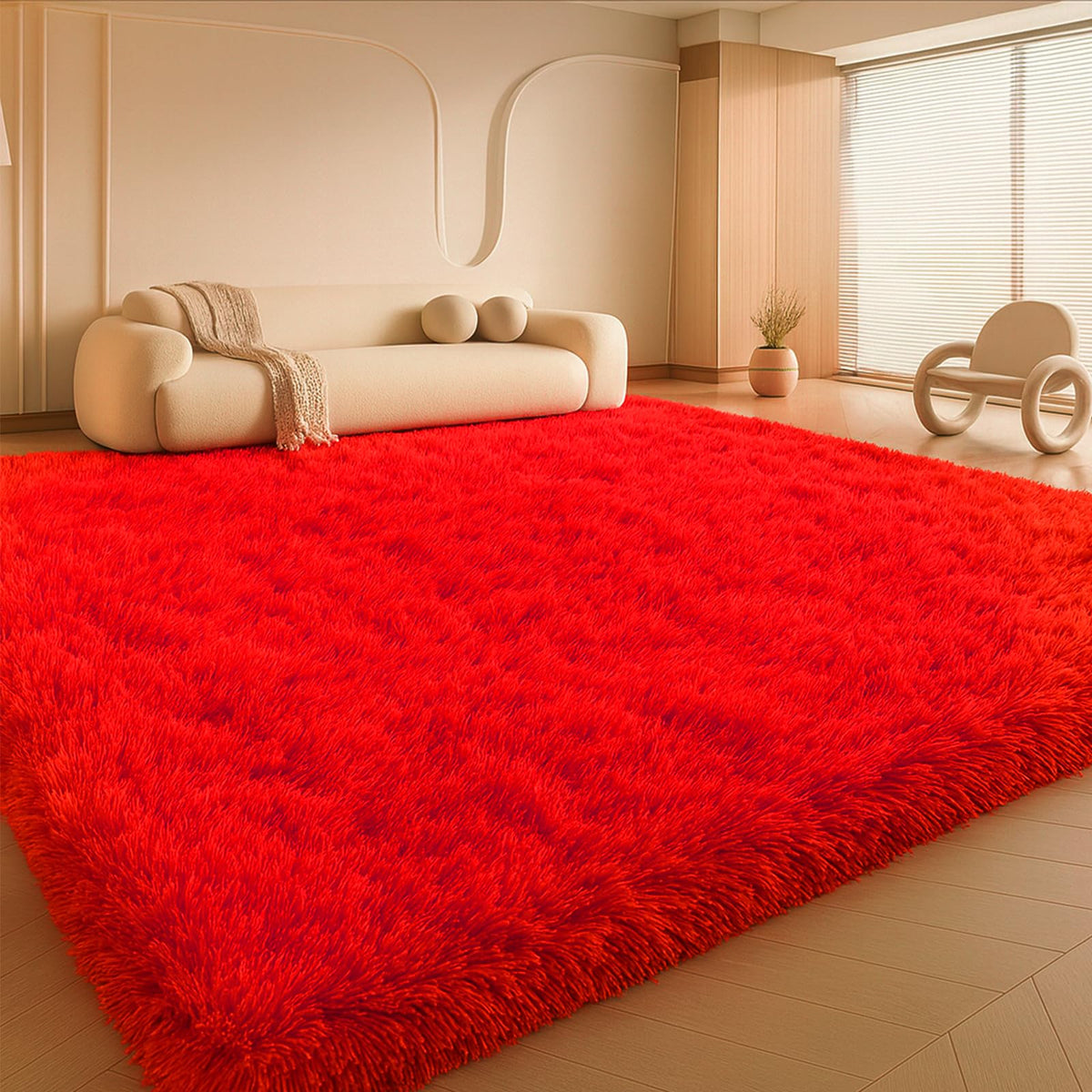 8x10 Beige Fluffy Shag Area Rug, Non-Slip Soft Carpet for Home