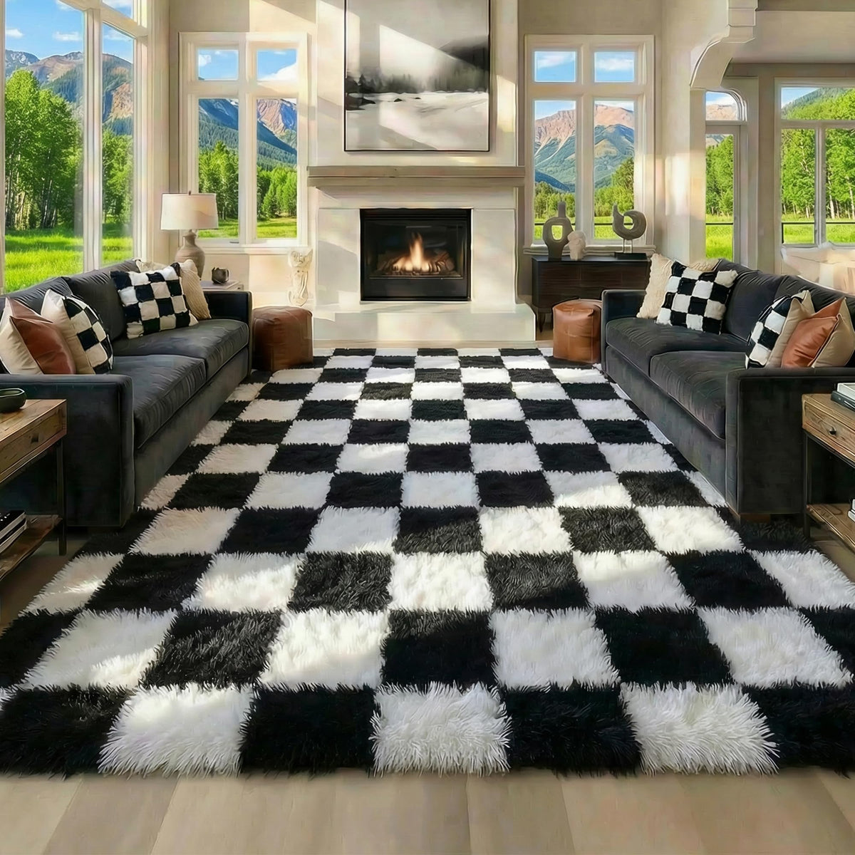 KICMOR Area Rugs 8x10 for Living Room, Large Fluffy Beige and Cream White Checkered Rug Big Fuzzy Shag Shaggy Carpets for Bedroom, Soft Plush Furry Rug for Boy Girls Room Dorm Home Decor Aesthetic