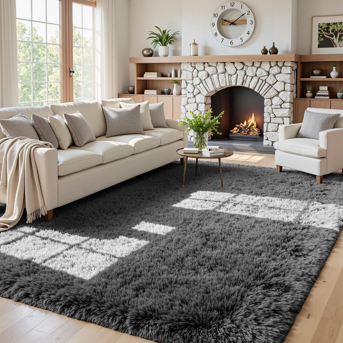 8x10 Fluffy Shag Area Rugs for Living Room Bedroom: Soft Carpet Gray Camel