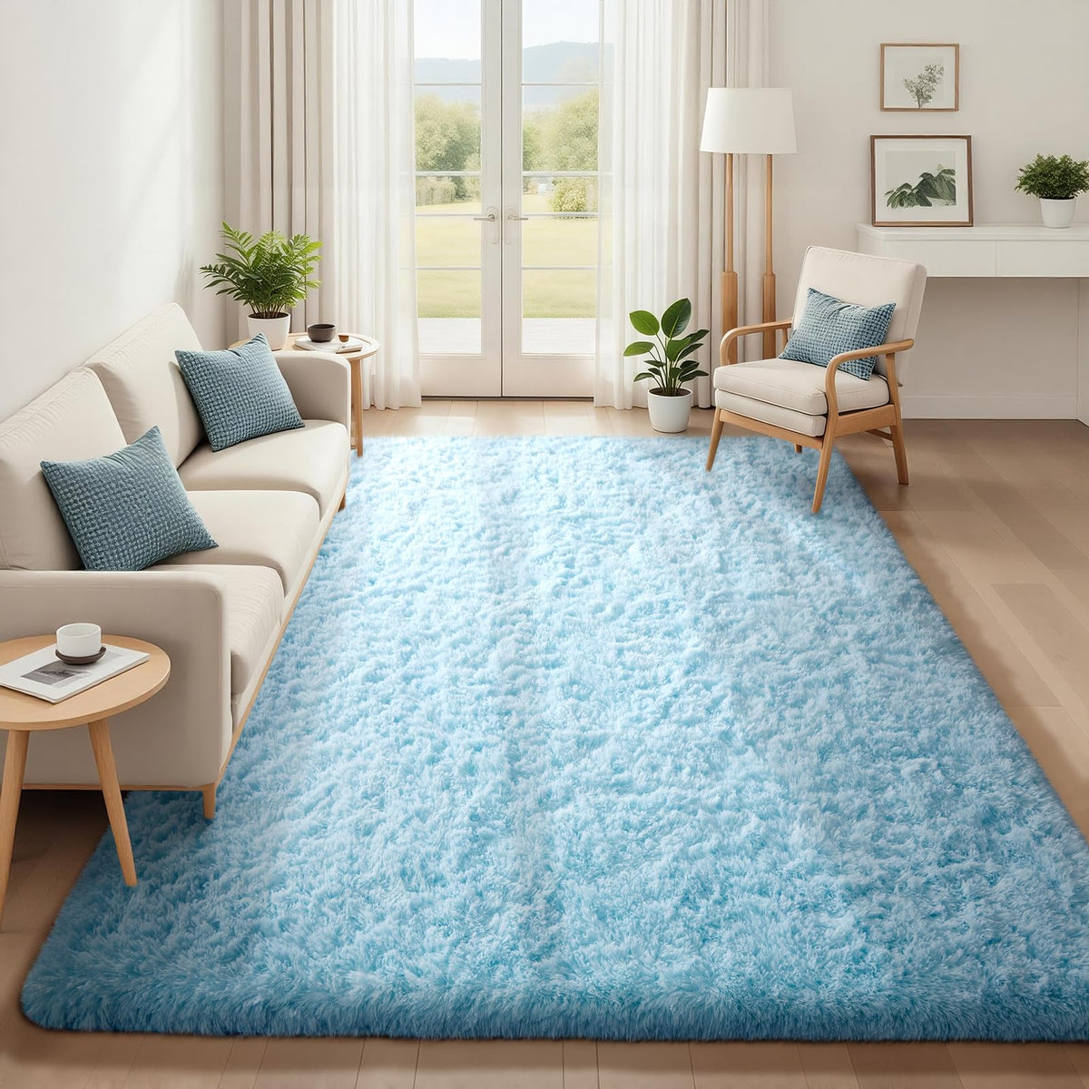 Ophanie 8x10 Area Rugs for Living Room, Washable Non-Slip Fluffy Soft Large Shag Bedroom Carpet, Ivory Big Indoor Nursery Rug, Carpets for Boy and Girls Room Dorm Decor with Over 99 pcs Pile fibers