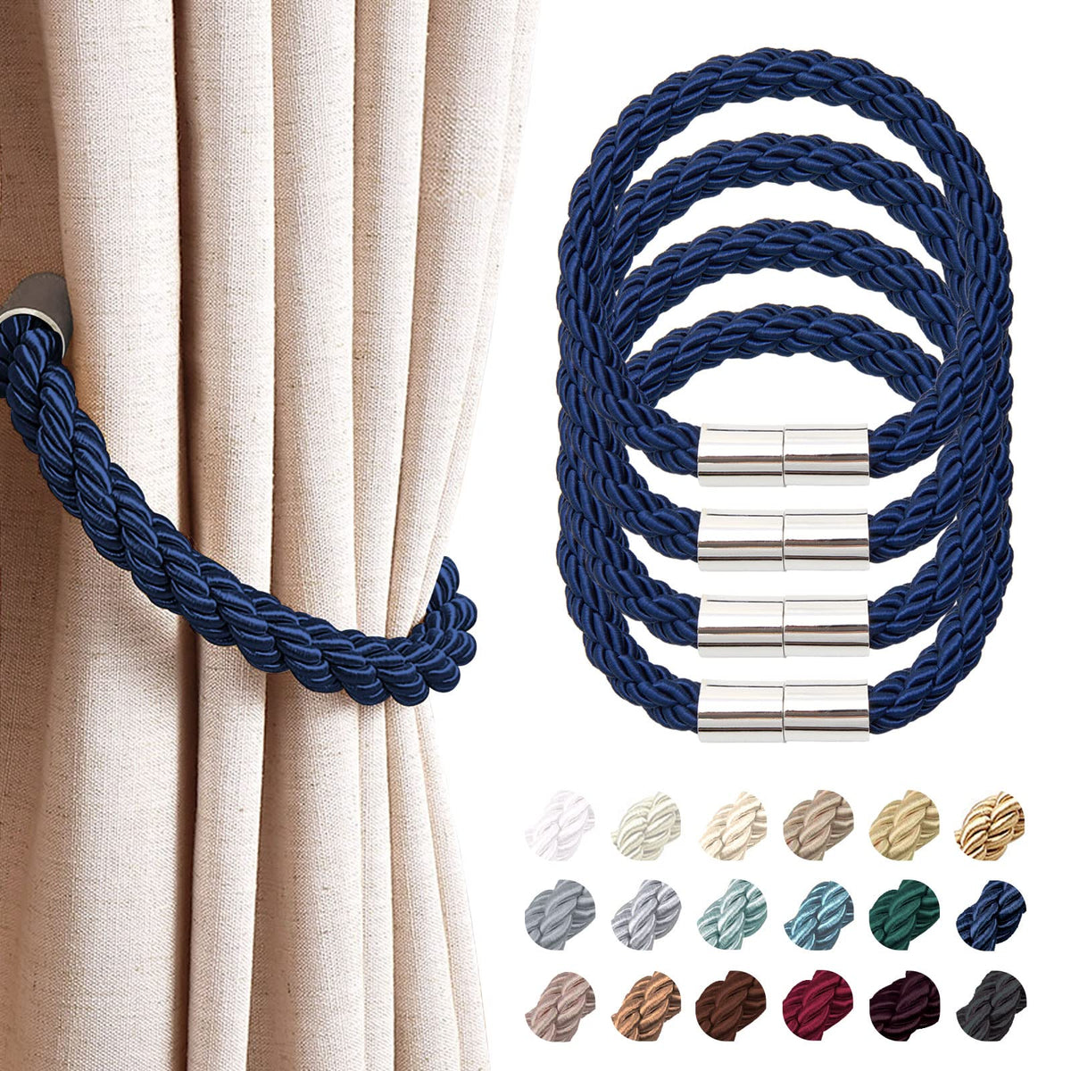 NICEEC 2 Pack Strong Magnetic Curtain Tiebacks Modern Simple Style Drape Tie Backs Convenient Decorative Weave Rope Curtain Holdbacks for Thin or Thick Home & Office Window Draperies (Beige)
