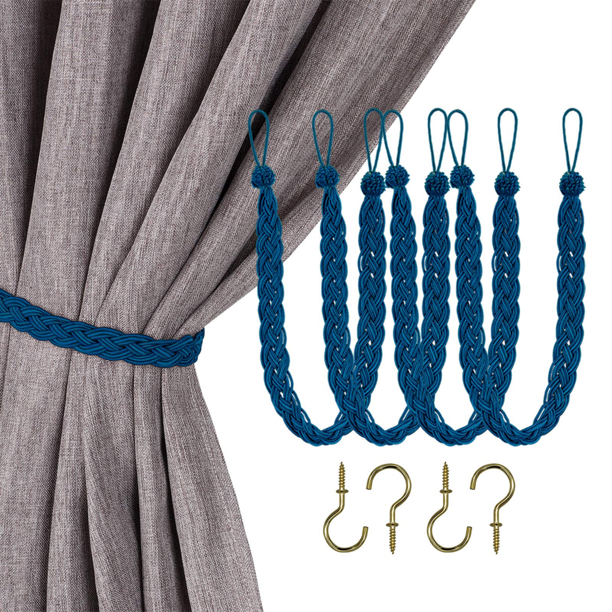 Home Queen Handwoven Rope Curtain Tiebacks for Drapes, 2 Pack Rope Holdbacks with Hooks, 23 Inch Long Polyester and Cotton Braided Tie Backs for Thick and Sheer Curtains,Navy and Silver