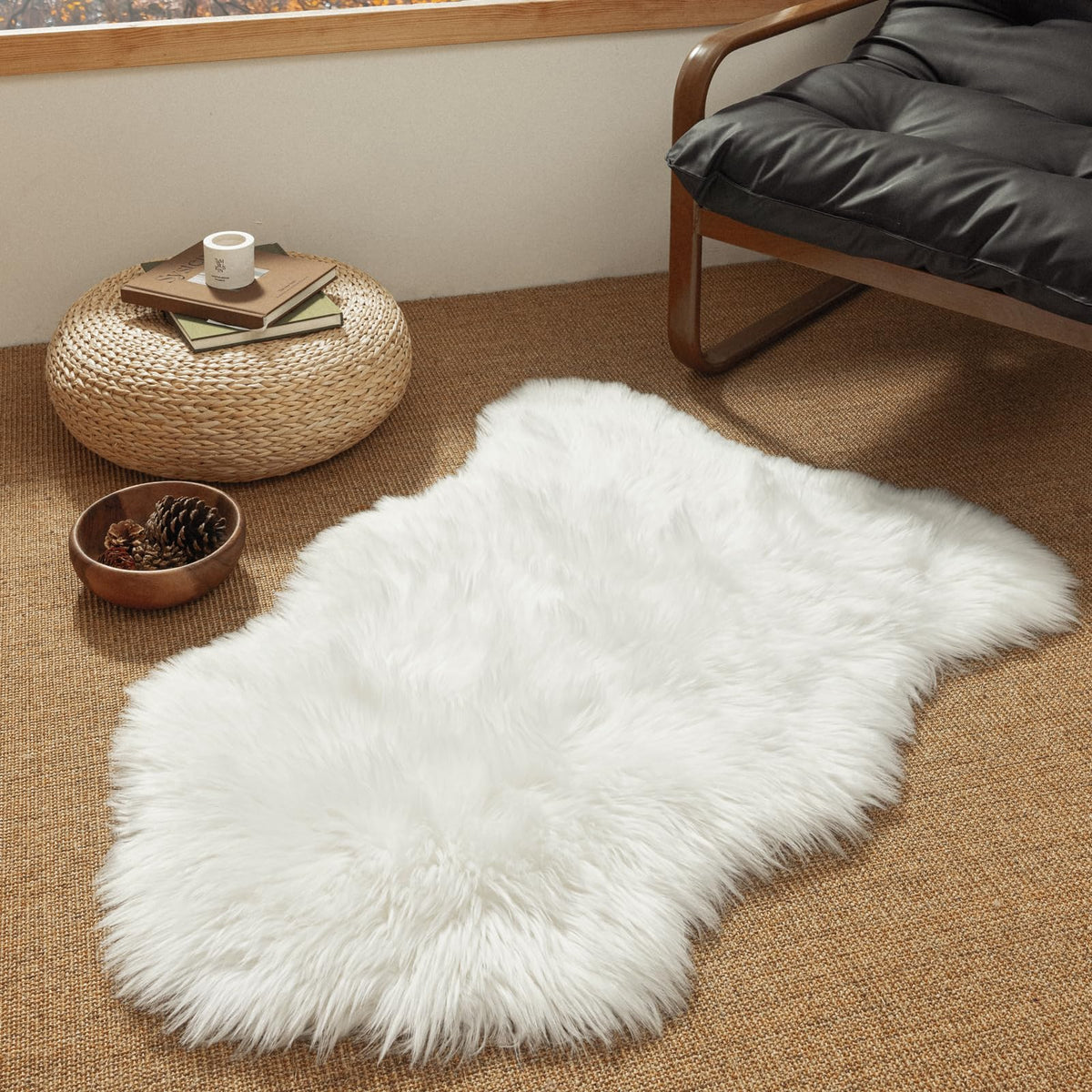 Ashler Faux Fur Rug, White, 2 x 6 Ft, Machine Washable