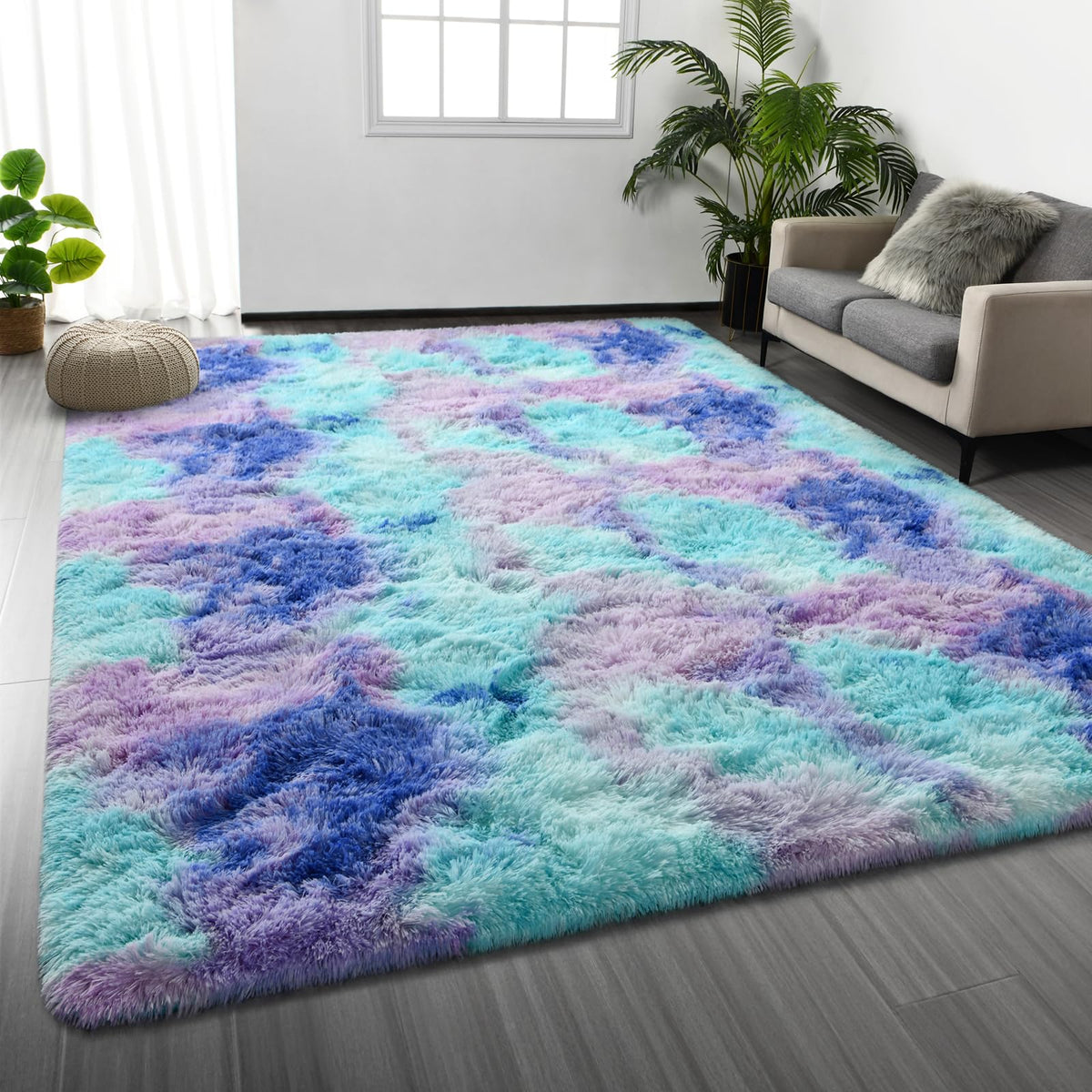 Deerhoo Large Shag Area Rugs 6 x 9, Tie-Dyed Plush Fuzzy Rugs, Dark Grey