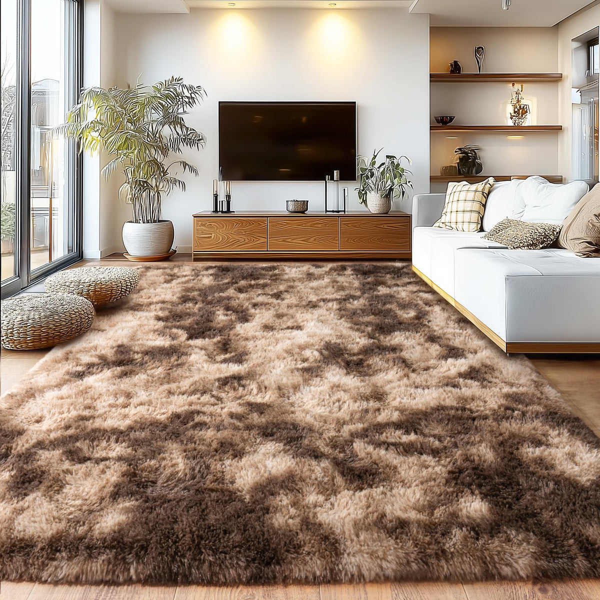 Large Living Room Area Rug 9x12Ft Shaggy Carpet Fuzzy Carpet Tie Dye Camel