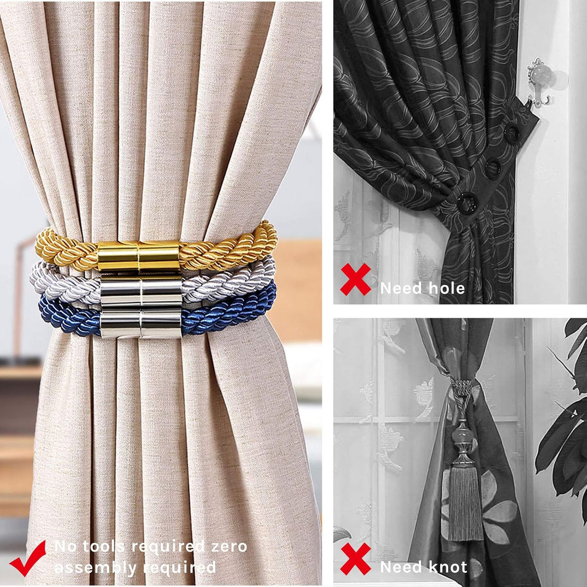 NICEEC 2 Pack Strong Magnetic Curtain Tiebacks Modern Simple Style Drape Tie Backs Convenient Decorative Weave Rope Curtain Holdbacks for Thin or Thick Home & Office Window Draperies (Beige)
