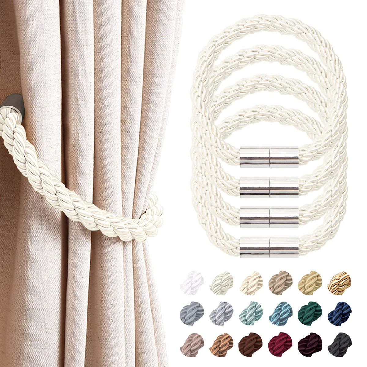 NICEEC 2 Pack Strong Magnetic Curtain Tiebacks Modern Simple Style Drape Tie Backs Convenient Decorative Weave Rope Curtain Holdbacks for Thin or Thick Home & Office Window Draperies (Beige)