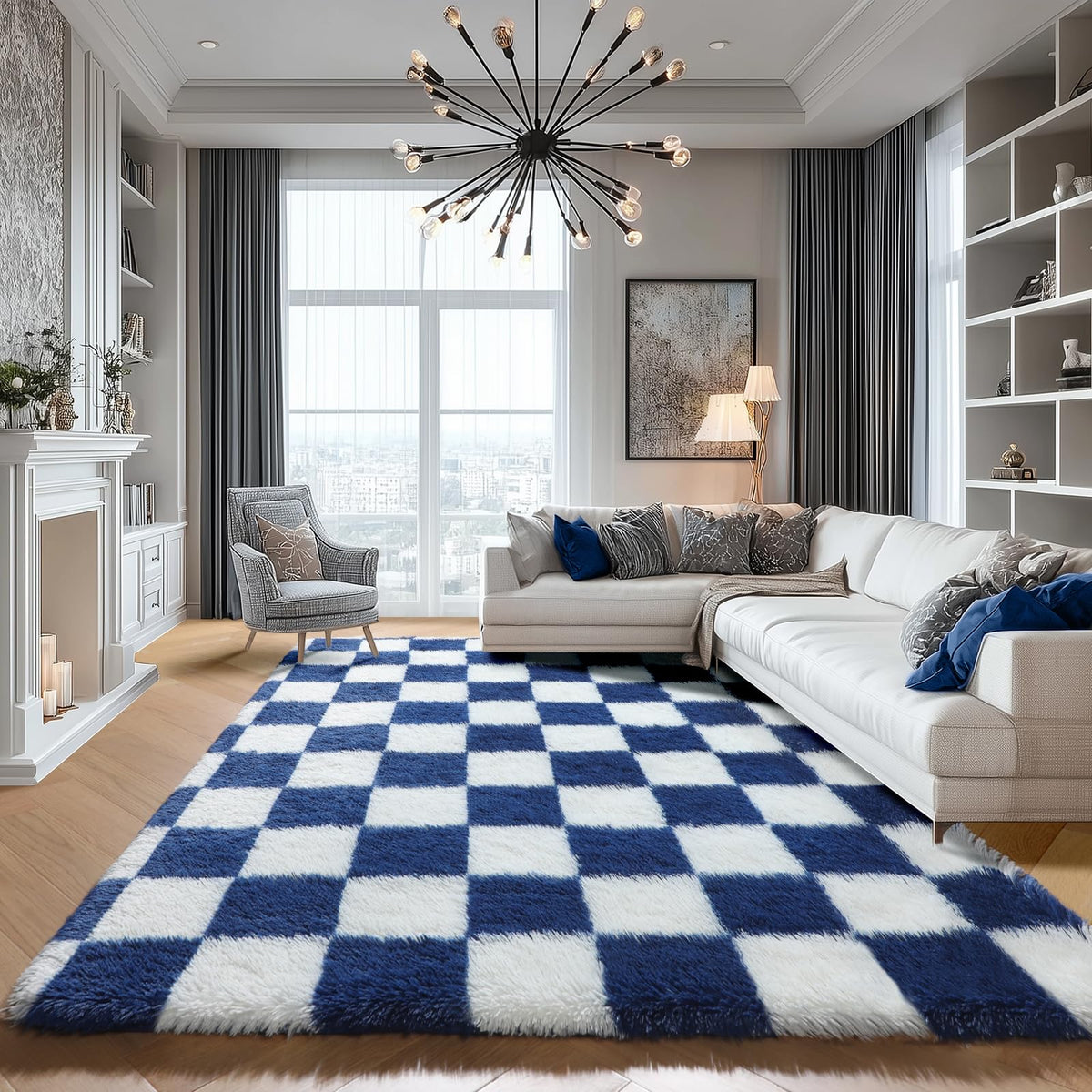 KICMOR Area Rugs 8x10 for Living Room, Large Fluffy Beige and Cream White Checkered Rug Big Fuzzy Shag Shaggy Carpets for Bedroom, Soft Plush Furry Rug for Boy Girls Room Dorm Home Decor Aesthetic