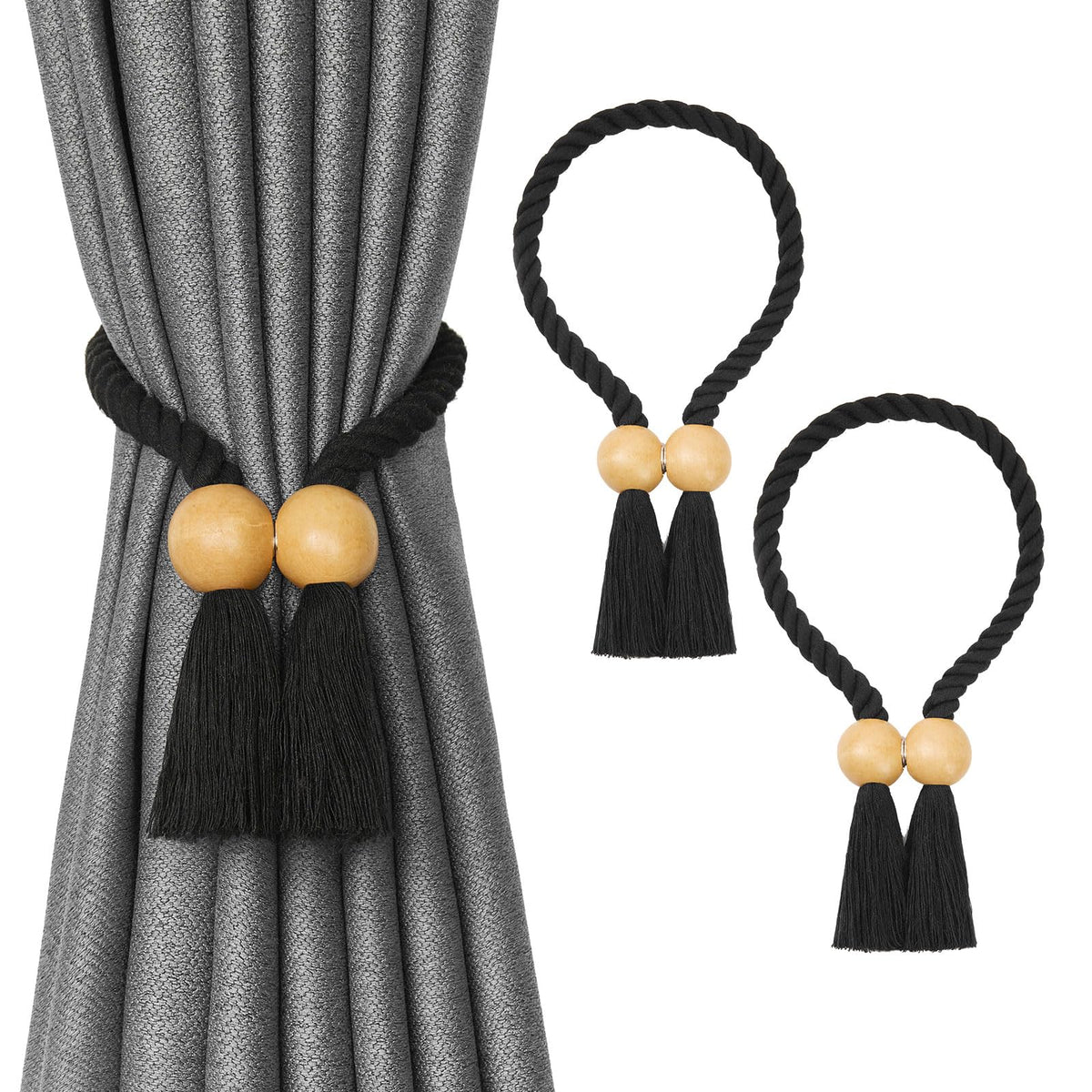 NICEEC 2 Pack Wooden Ball Magnetic Curtain Tiebacks Boho Home Decor Drape Tie Backs Natural Cotton Hand Woven Rope Curtain Holdbacks for Thin & Thick Home & Office Window Draperies (Beige)
