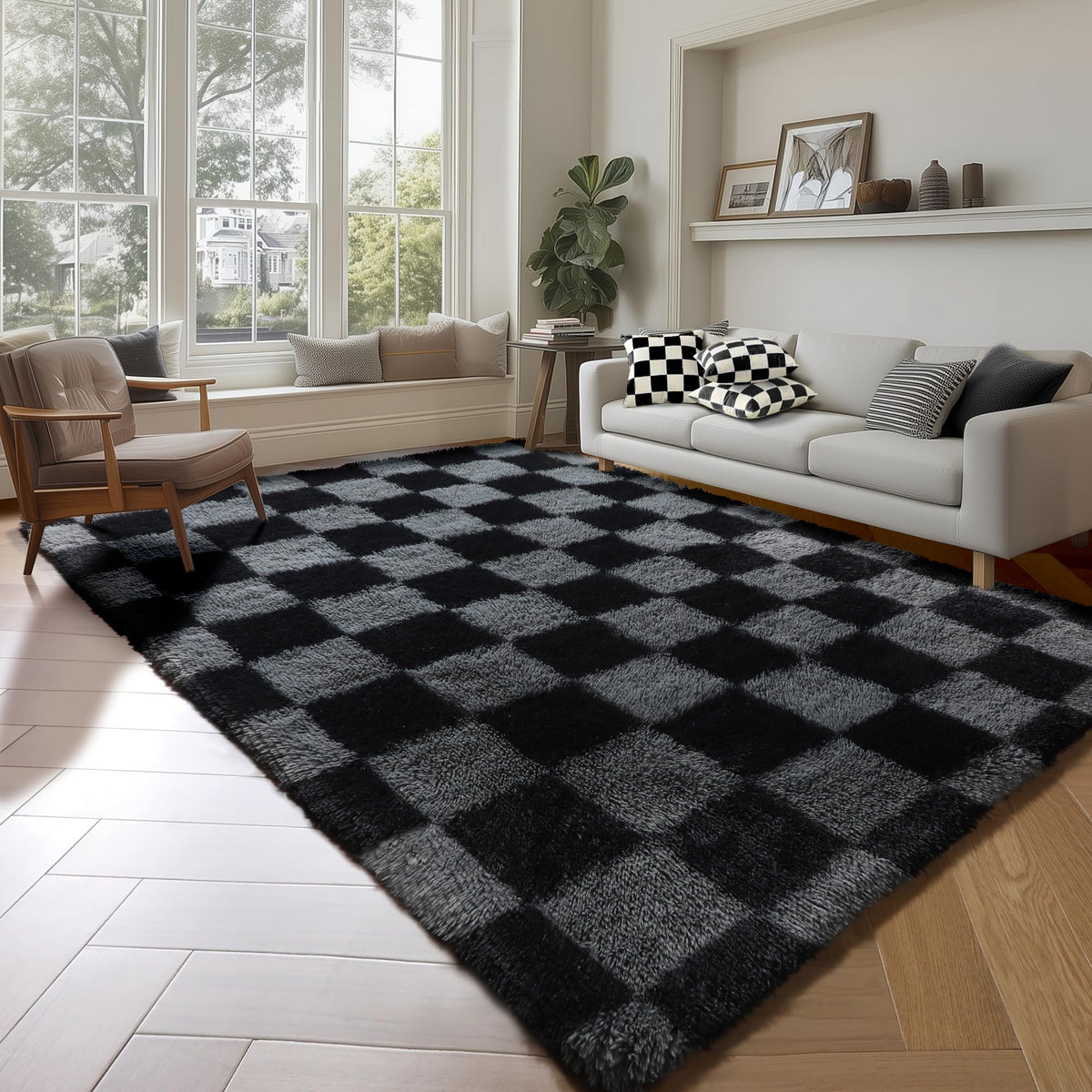 KICMOR Area Rugs 8x10 for Living Room, Large Fluffy Beige and Cream White Checkered Rug Big Fuzzy Shag Shaggy Carpets for Bedroom, Soft Plush Furry Rug for Boy Girls Room Dorm Home Decor Aesthetic