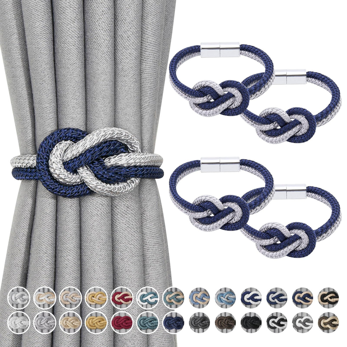 NICEEC 2 Pack Mini Magnetic Curtain Tiebacks Nordic Simple Style Drape Tie Backs Elegant Hand Weave Rope Knot Decorative Curtain Holdbacks for Home & Office Thin Window Drapery (Silver Grey)