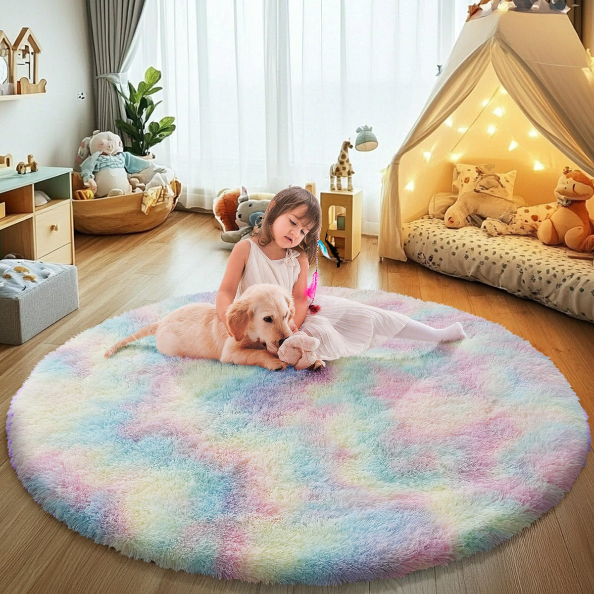 Pink Fluffy Round Area Rugs for Bedroom,3ft Shag Circle Small Area Rugs