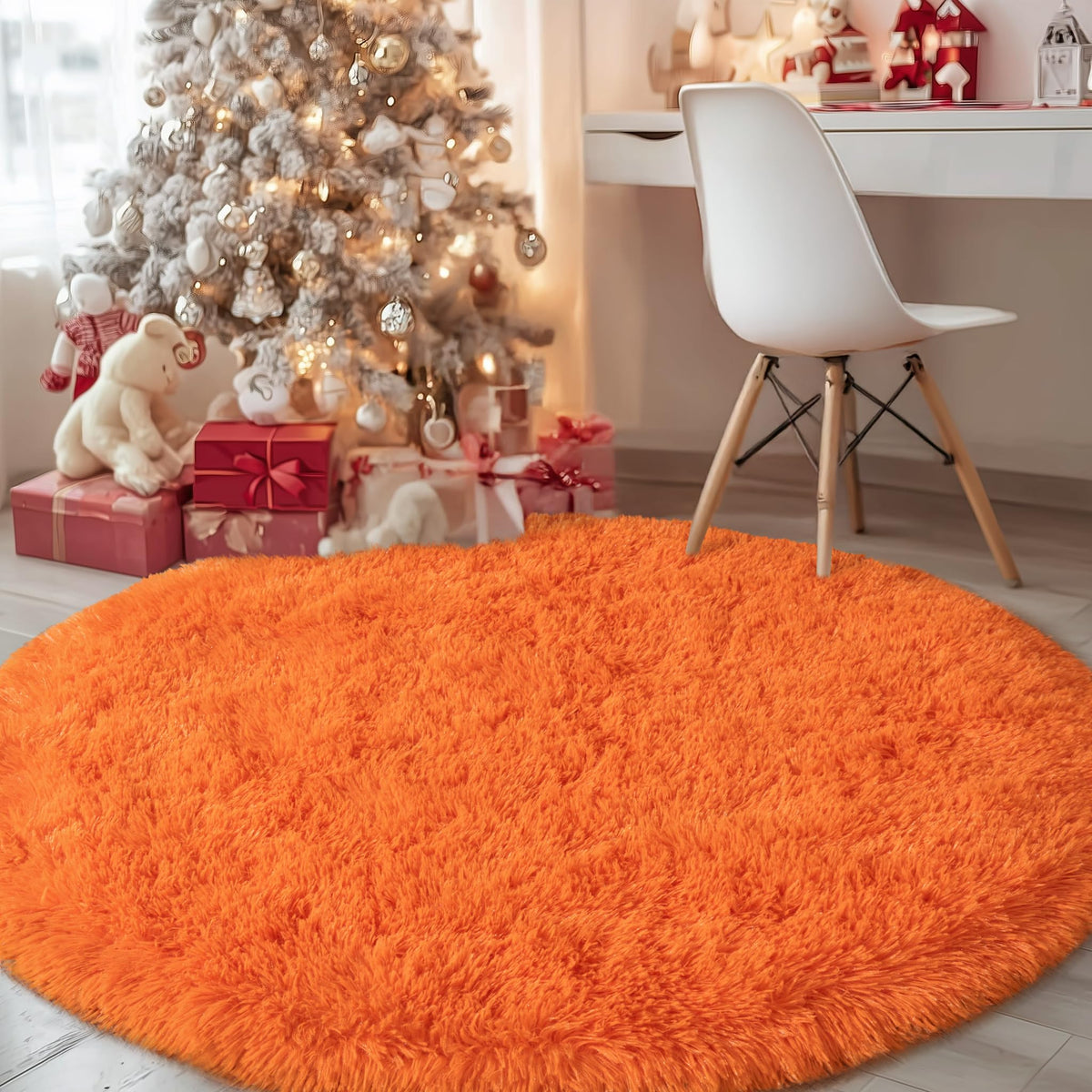 4Ft Fluffy Pink Round Rug for Girls Bedroom Kids Room, Washable Non-Slip