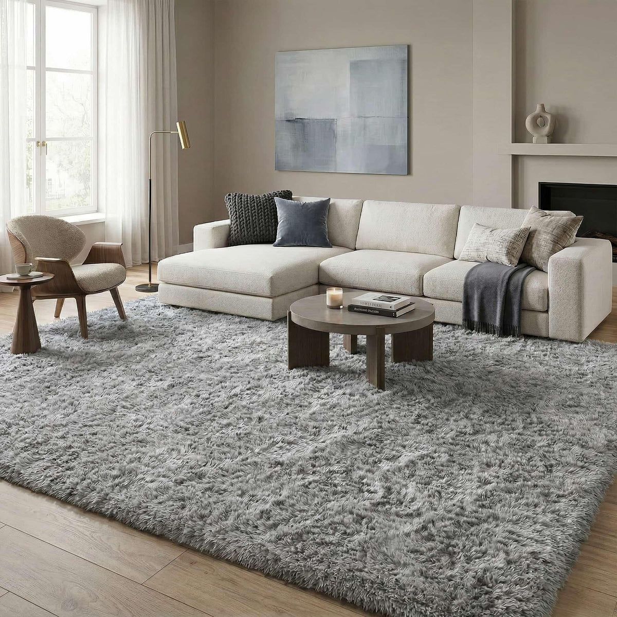8x10 Ft Cream White Fluffy Area Rug for Living Room, Washable