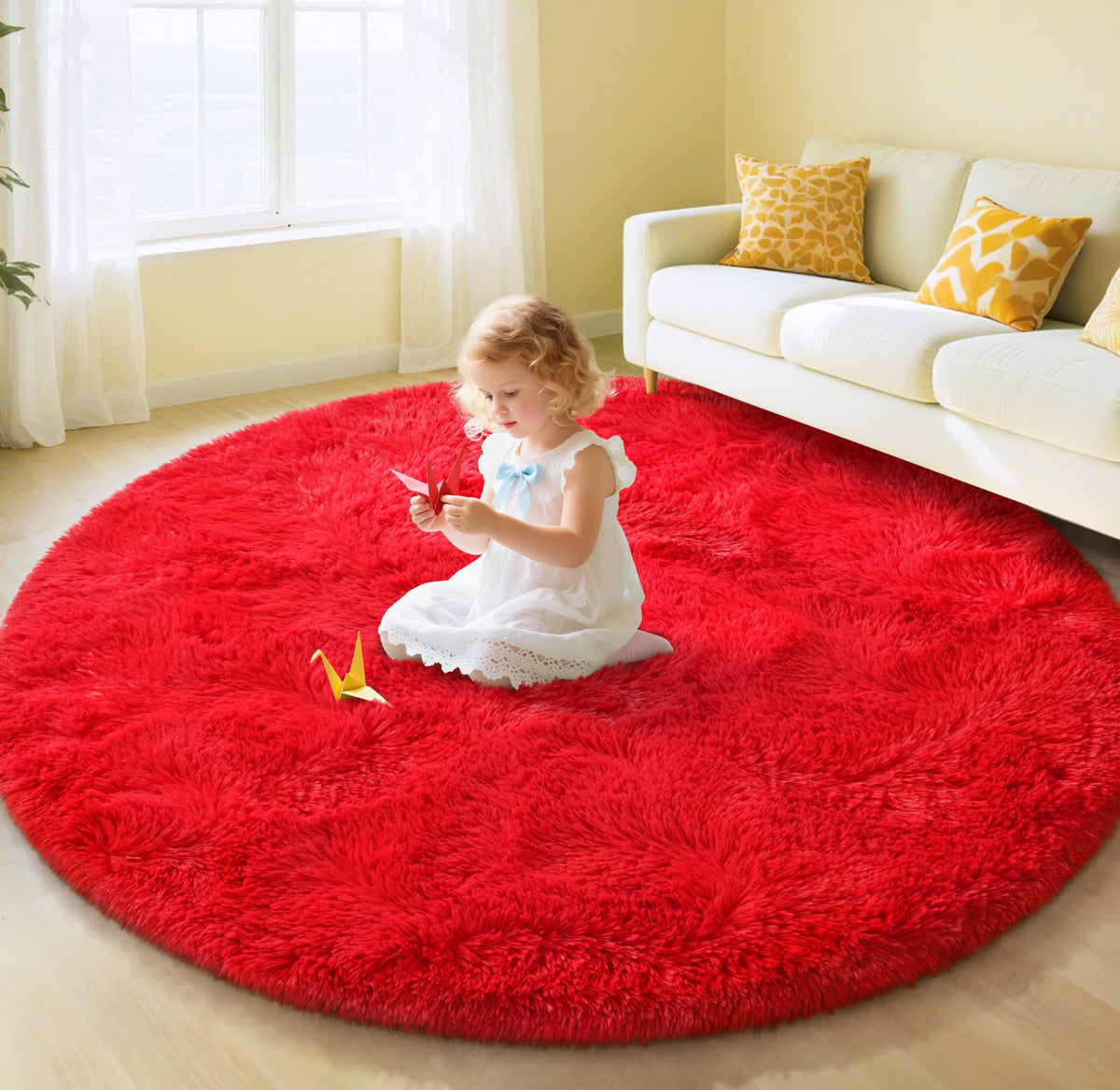 EVOIONOS Pink Round Rug for Bedroom, 4x4 Ft Fluffy Soft Circle Area Rugs for Living Room, Plush Shaggy Circular Carpet for Indoor Floor Bedside Girls Nursery, Machine-Washable Home Decor Aesthetic