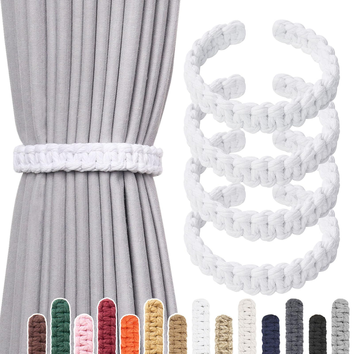 NICEEC 2 Pack Natural Cotton Rope Curtain Tiebacks Farmhouse Rustic Style Decorative Drape Tie Backs Handmade Braided Curtain Holdbacks for Home & Office Sheer/Light Weight Drapery (C-White-S)