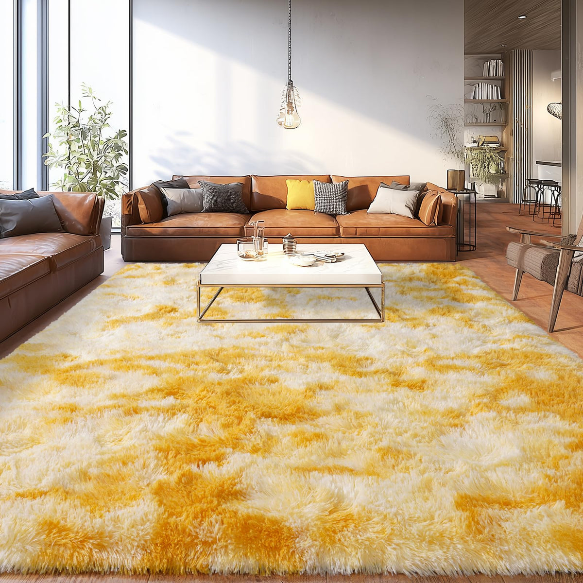 Large Living Room Area Rug 9x12Ft Shaggy Carpet Fuzzy Carpet Tie Dye Camel