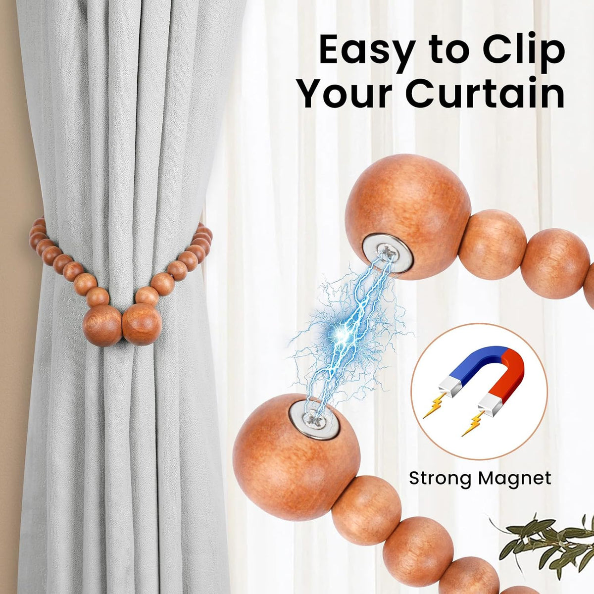 KLOGTSIND Magnetic Curtain Tiebacks, 2 Pack Wood Bead Curtain Holdbacks