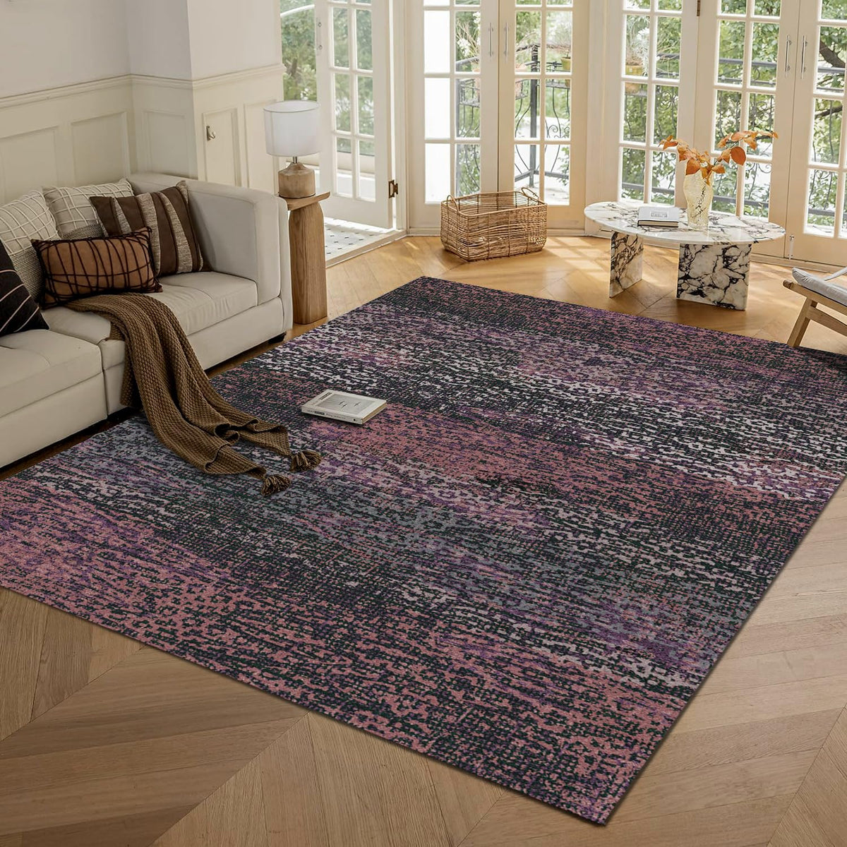 RUGSURE Washable Area Rugs 9' x 12' - 1/6 Thick - Moroccan-Inspired -Stain & Water Resistant Non-Slip - Resistant Rug for Living Room, Bedroom, Nursery, Pet & Child Friendly (Blue and Brown)