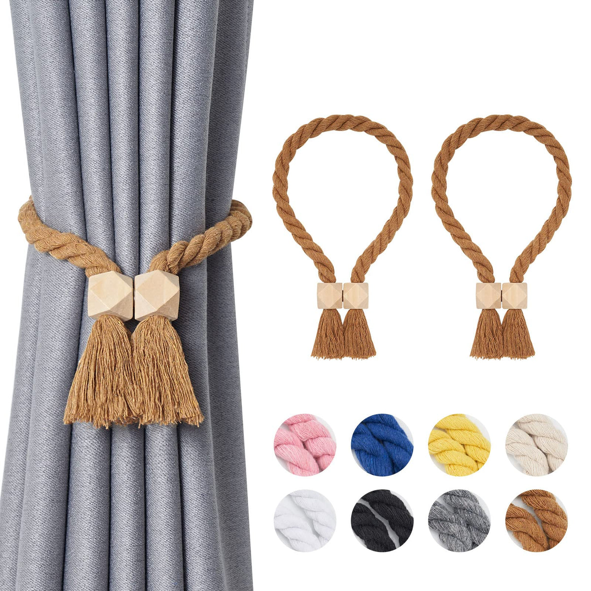 NICEEC 2 Pack Wooden Ball Magnetic Curtain Tiebacks Boho Home Decor Drape Tie Backs Natural Cotton Hand Woven Rope Curtain Holdbacks for Thin & Thick Home & Office Window Draperies (Beige)