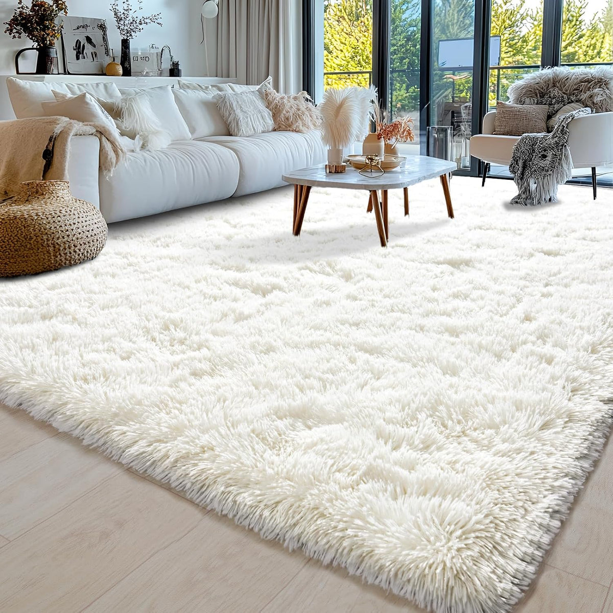 8x10 Area Rugs for Living Room, Cream White Soft Fuzzy Large Shaggy Rug